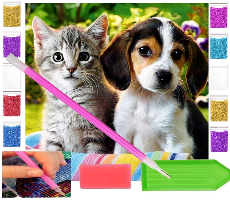 Haft Diamentowy Obraz Duży 30X30 Szczeniaki Kot I Pies Zabawki Kreatywne Plastyczne