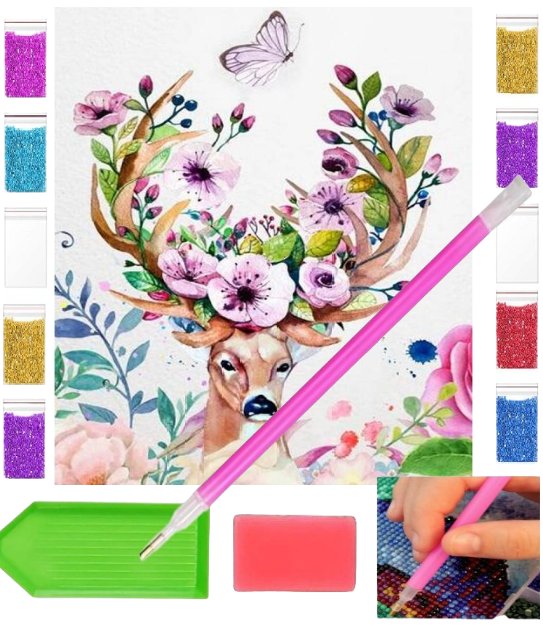 Haft Diamentowy Obraz Duży 40X30 Poroże Jelenia Kwiaty Zabawki Kreatywne Plastyczne