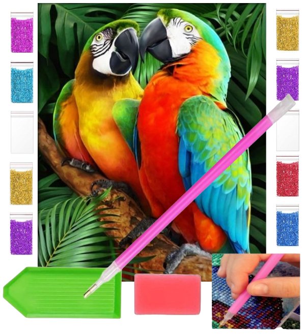 Haft diamentowy OBRAZ duży 30x40 PAPUGI ARY PARA PAPUG zabawki kreatywne plastyczne