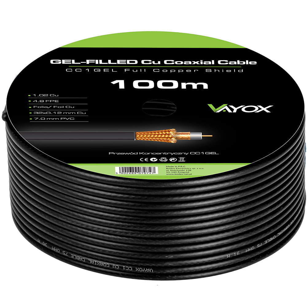 Przewód koncentryczny 1.02 Cu + 32x0.12mm Cu CC1-100GEL czarny Vayox 100m