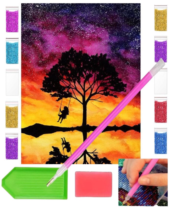 Haft diamentowy DZIEWCZYNKA NA HUŚTAWCE 30x40 OBRAZ duży zabawki kreatywne plastyczne