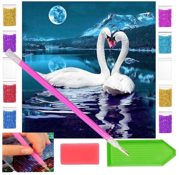 Haft diamentowy OBRAZ duży 30x30 DWA ŁABĘDZIE PARA zabawki kreatywne plastyczne