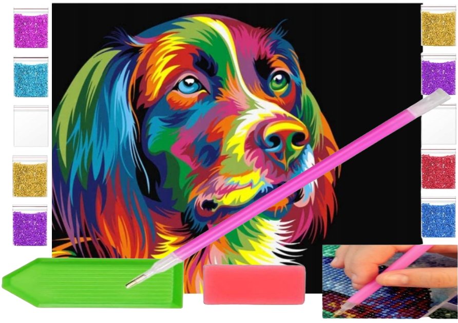 Haft diamentowy PIES W KOLORZE piesek 30x30 OBRAZ duży zabawki kreatywne plastyczne