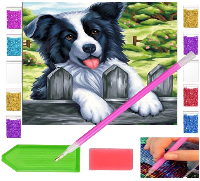 Haft diamentowy OBRAZ duży 30x30 PIES ZA PŁOTEM piesek zabawki kreatywne plastyczne