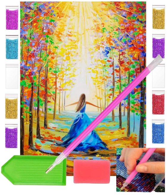 Haft diamentowy OBRAZ duży 40x30 DZIEWCZYNKA kolorowy LAS zabawki kreatywne plastyczne