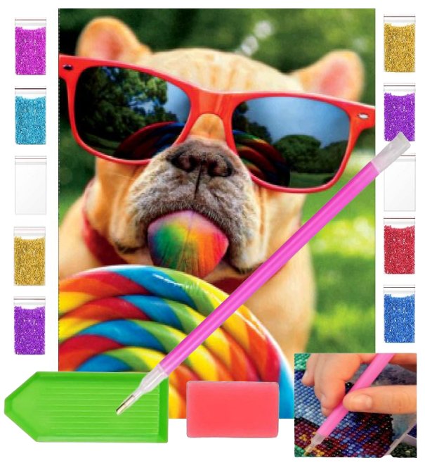 Haft diamentowy PIES Z LIZAKIEM śmieszny piesek 30x40 OBRAZ duży zabawki kreatywne plastyczne