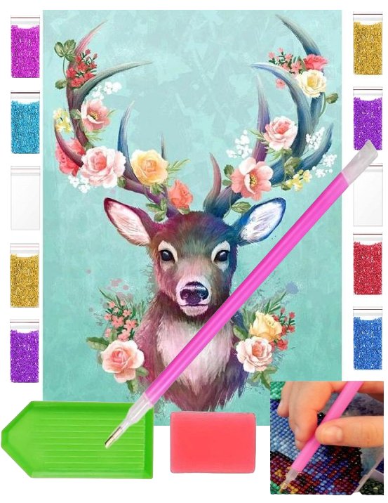 Haft diamentowy OBRAZ duży 30x40 JELEŃ POROŻE KWIATY piesek zabawki kreatywne plastyczne