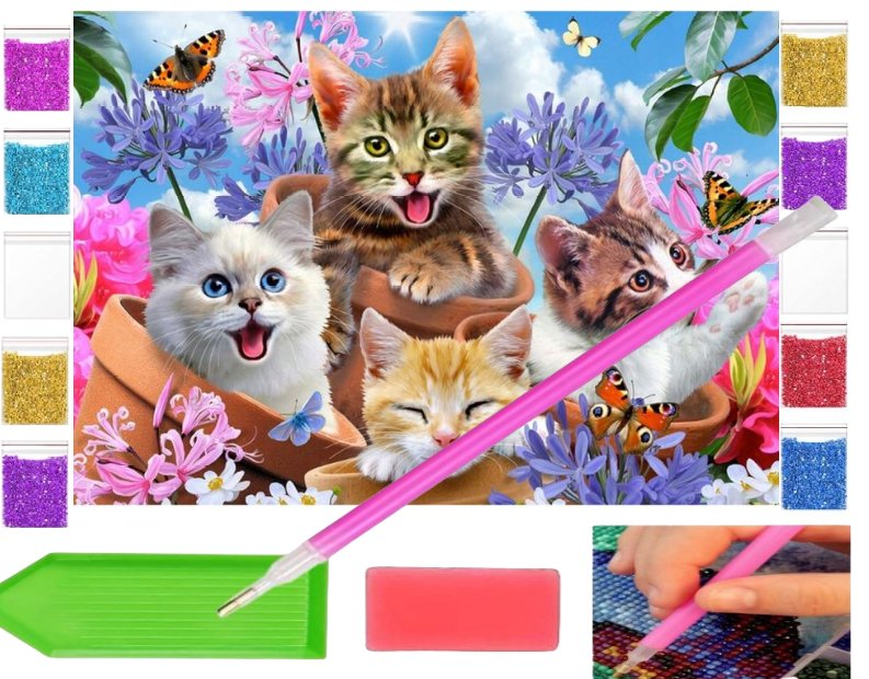 Haft diamentowy OBRAZ duży 40X30 KOTY KOTKI kocięta zabawki kreatywne plastyczne