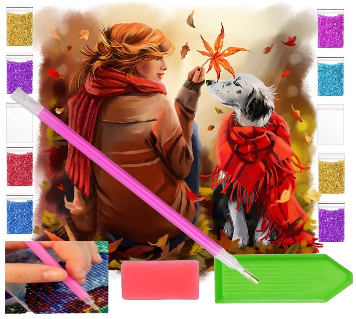 Haft diamentowy OBRAZ duży 30x30 PIES I KOBIETA JESIEŃ zabawki kreatywne plastyczne