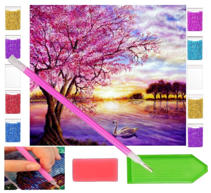 Haft diamentowy OBRAZ duży 30x30 ŁABĘDŹ W JEZIORZE łabędzie zabawki kreatywne plastyczne