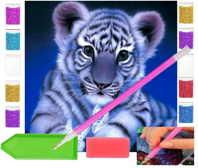 Haft diamentowy OBRAZ duży 30x30 BIAŁY TYGRYS zabawki kreatywne plastyczne