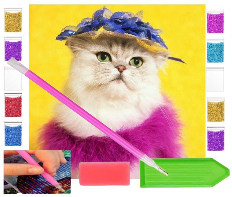 Haft diamentowy OBRAZ duży 30x30 KOCI KAPELUSZ kot kotek zabawki kreatywne plastyczne