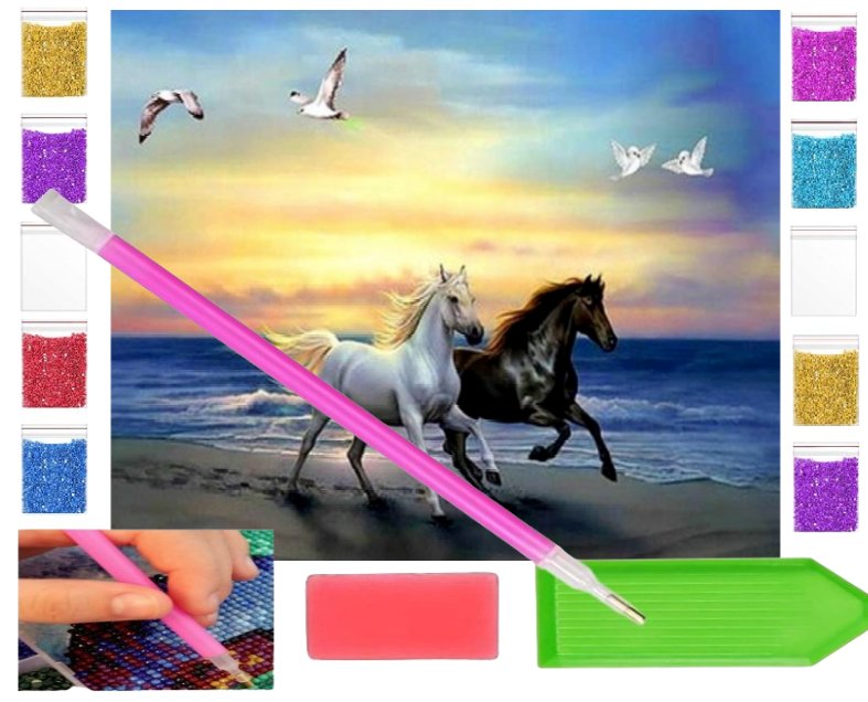 Haft diamentowy OBRAZ duży 30x30 KONIE NA PLAŻY zabawki kreatywne plastyczne