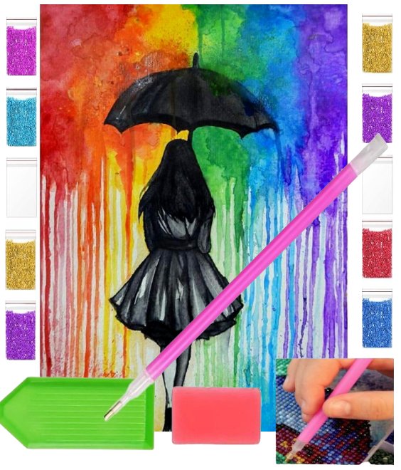 Haft Diamentowy Obraz Duży 40X30 Dziewczynka W Deszczu Zabawki Kreatywne Plastyczne