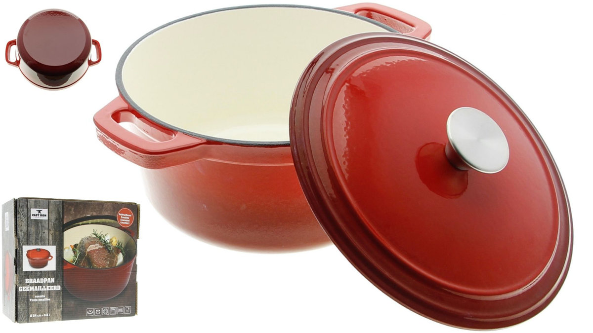 Żeliwny Garnek Z Pokrywką Solidny Czerwony 3.5L