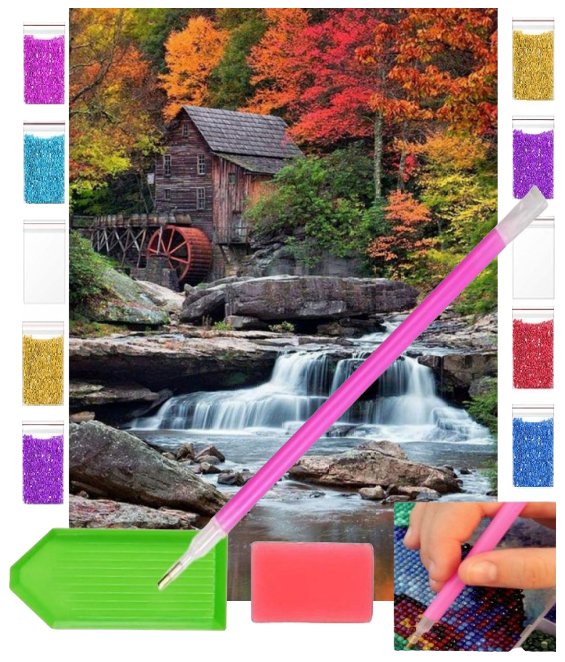 Haft diamentowy OBRAZ duży 30x40 Górski Potok Domek Las zabawki kreatywne plastyczne