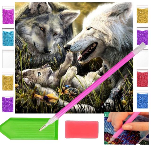 Haft diamentowy OBRAZ duży 30x30 RODZINA WILKÓW zabawki kreatywne plastyczne