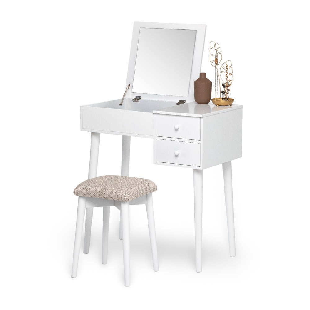 Biała toaletka z lustrem, schowkiem na biżuterię i 2 szufladami Bonami Essentials Beauty