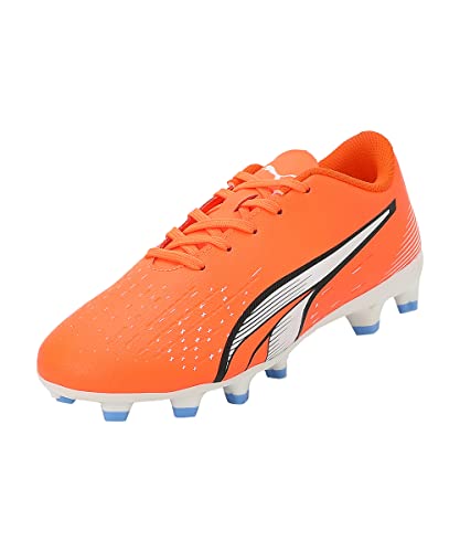 PUMA Unisex dziecięce buty piłkarskie Ultra Play Fg/Ag Jr, Ultra pomarańczowy Puma biały niebieski błyszczący, 38 EU