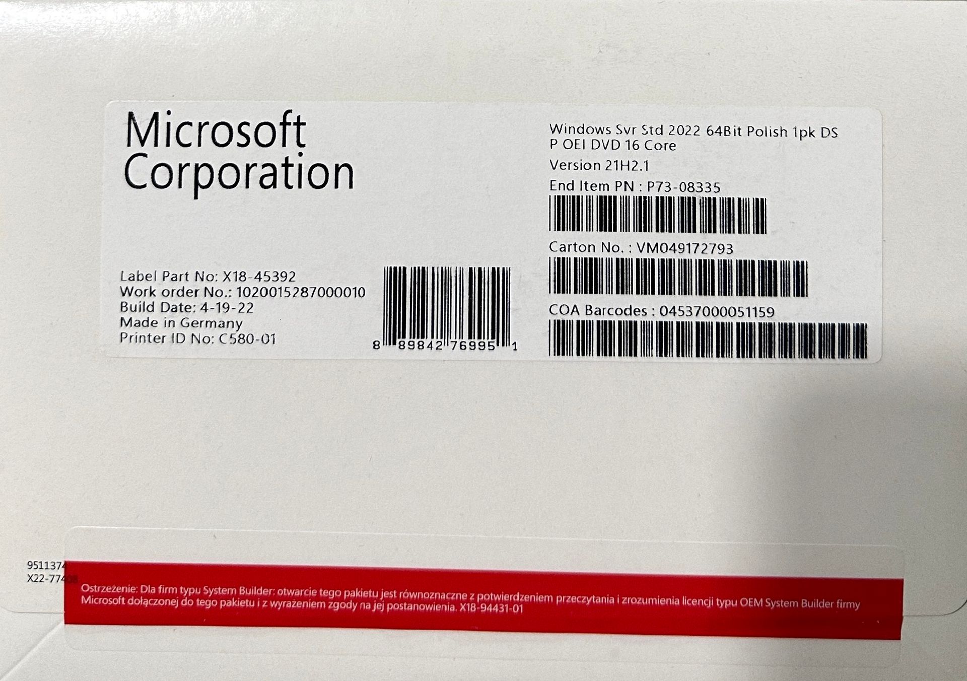 Windows Server Standard 2022 64Bit Polish 1pk DSP OEI DVD