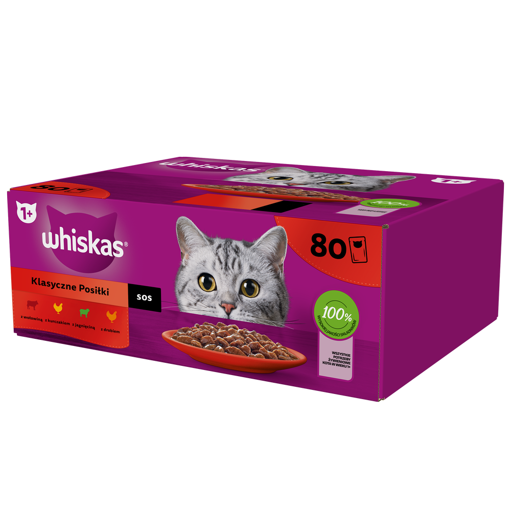 WHISKAS Adult saszetka 80 x 85 g Klasyczne Posiłki - mokra karma pełnoporcjowa dla dorosłych kotów, w sosie (kawałki z: wołowiną, kurczakiem, jagnięciną, drobiem)