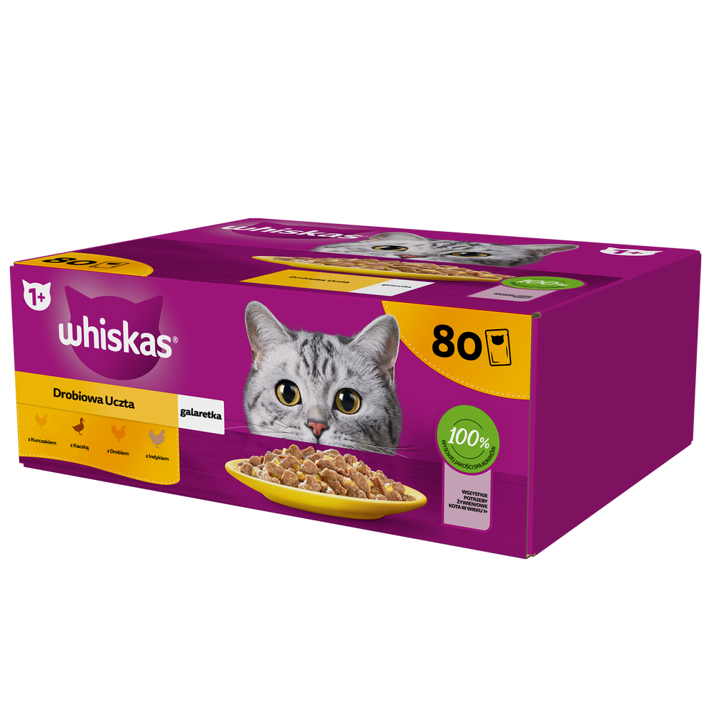 WHISKAS Adult saszetka 80 x 85 g Drobiowa Uczta - mokra karma pełnoporcjowa dla dorosłych kotów, w galaretce (kawałki z: kurczakiem, kaczką, drobiem, indykiem)