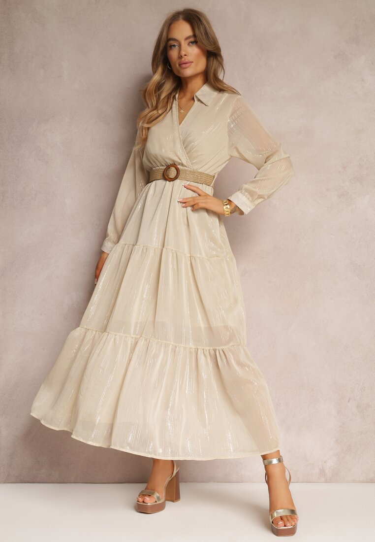 Jasnobeżowa Sukienka z Kopertowym Dekoltem i Plecionym Paskiem Velo