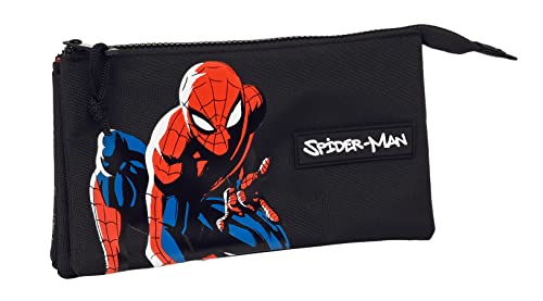 Safta SPIDERMAN Hero potrójne etui dla dzieci, etui dla dzieci, idealne dla dzieci w wieku 5-14 lat, wygodne i wszechstronne, jakość i wytrzymałość, 22x3x12 cm, kolor czarny, czarny, Estándar, zwykły