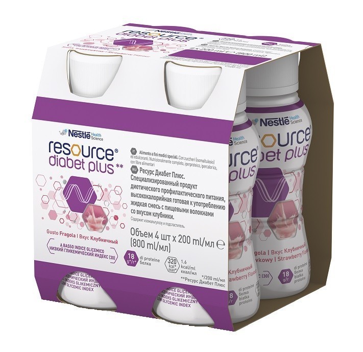 Resource Diabet Plus, preparat odżywczy w płynie, smak truskawkowy, 4 x 200 ml  3143161