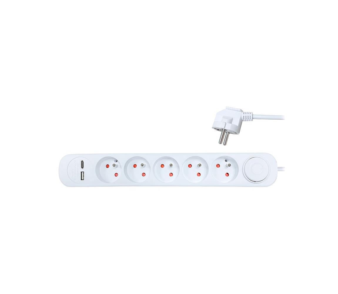 Solight PP152USBC - Przedłużacz z wyłącznikiem 5Z + 2xUSB 3m biały