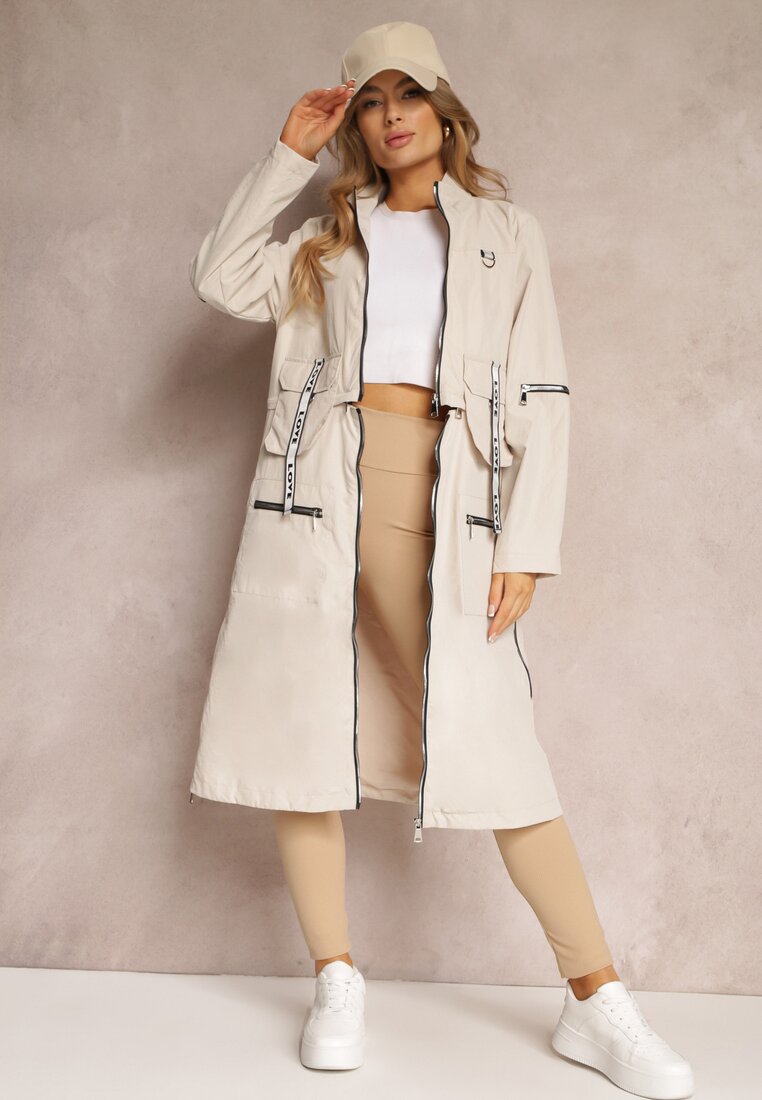 Beżowy Płaszcz z Regulowaną Długością i Ozdobnymi Wstawkami Nainika