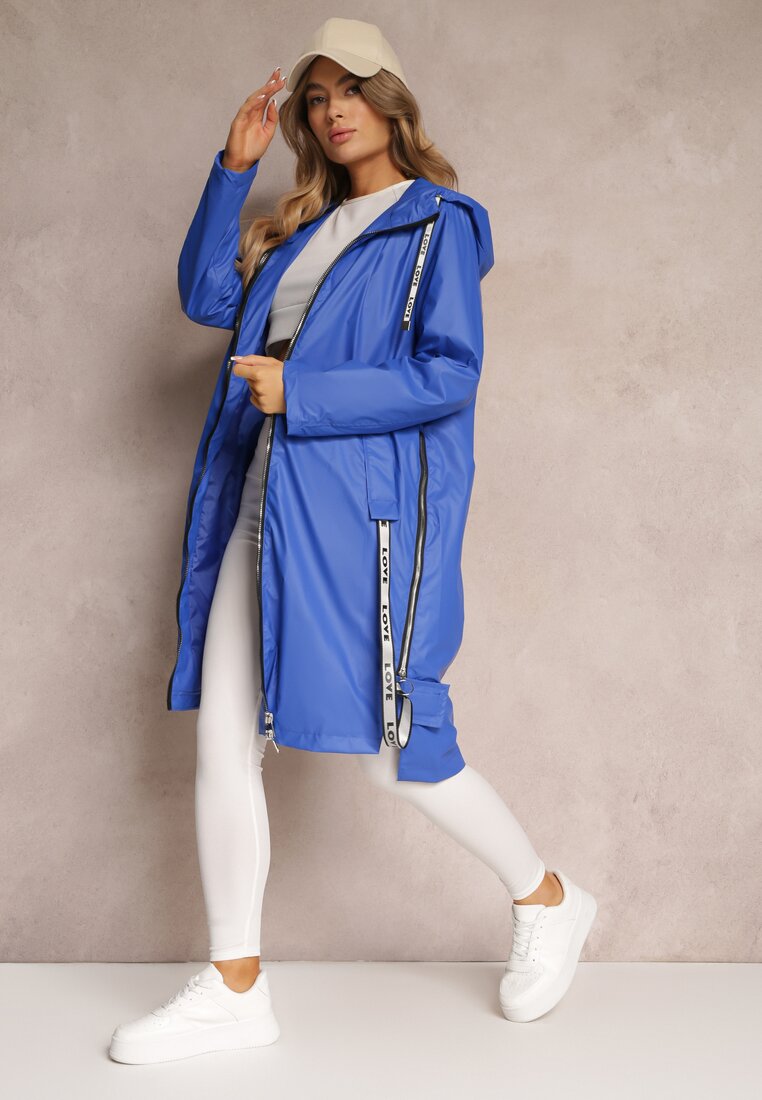 Niebieski Płaszcz za Kolano z Tasiemką i Kapturem Penela