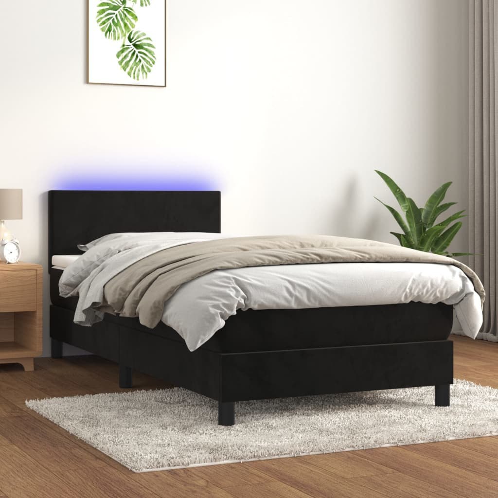 Łóżko kontynentalne z materacem i LED, czarny aksamit 80x200 cm Lumarko
