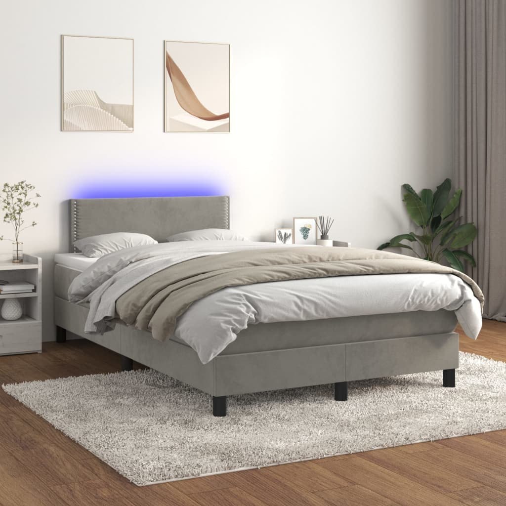 Łóżko kontynentalne z materacem i LED, szare 120x200cm, aksamit Lumarko