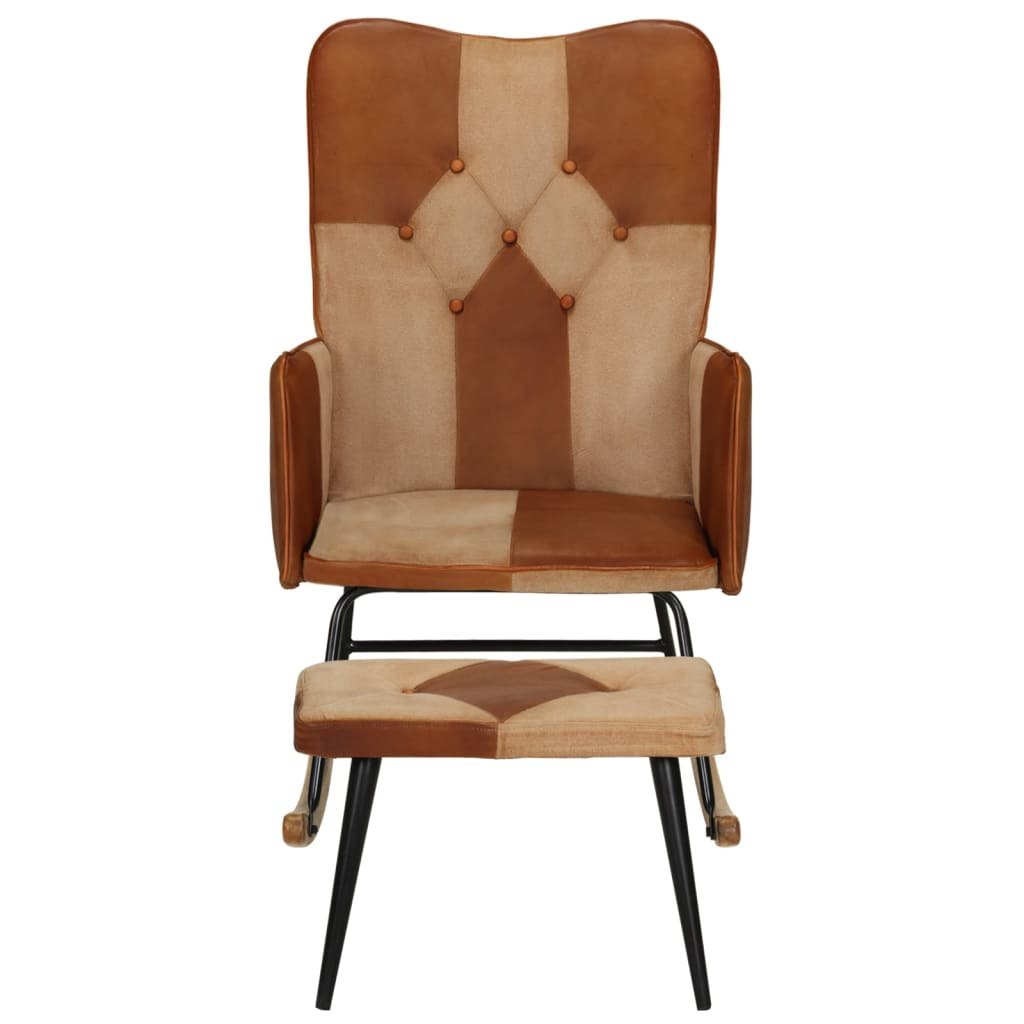 Fotel bujany z podnóżkiem, brązowy, skóra naturalna i płótno Lumarko