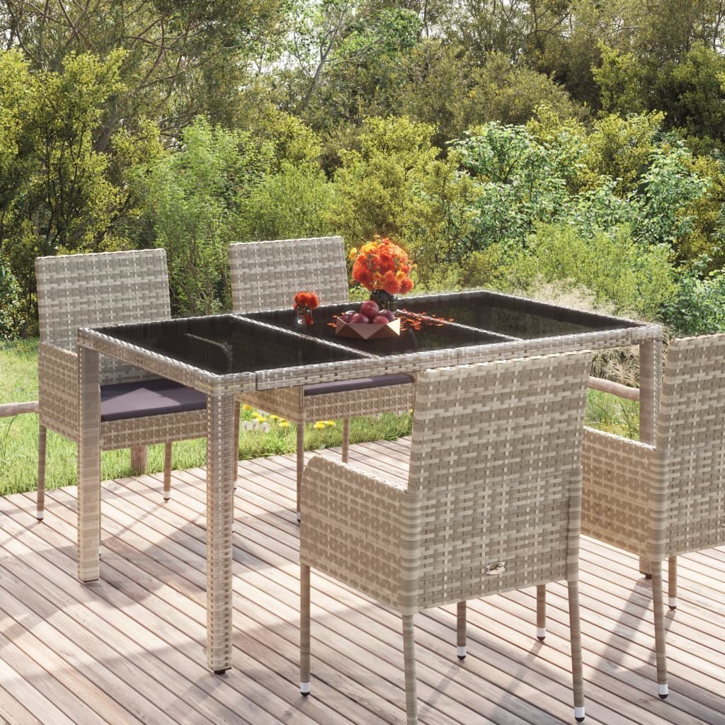 vidaXL Stół ogrodowy ze szklanym blatem, szary, 150x90x75cm, rattan PE