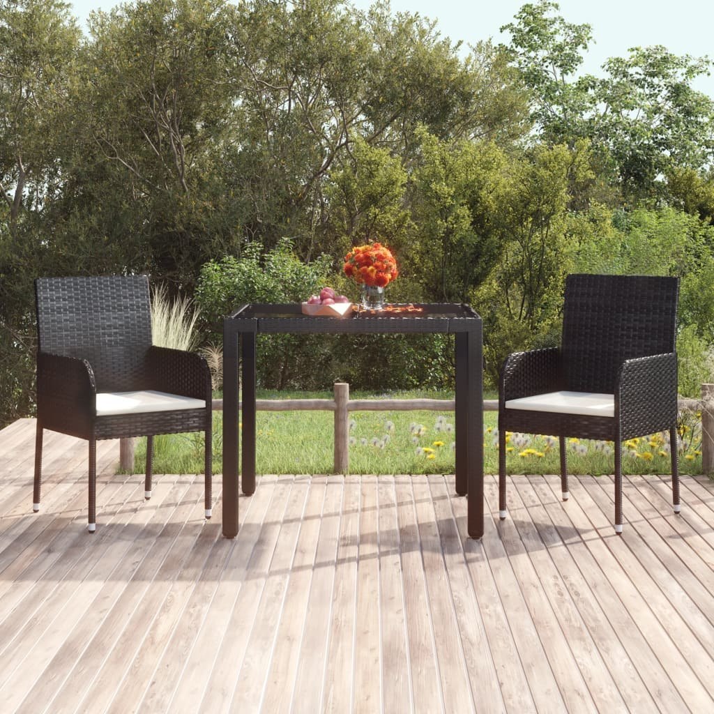 vidaXL Stół ogrodowy, szklany blat, czarny, 90x90x75 cm, rattan PE