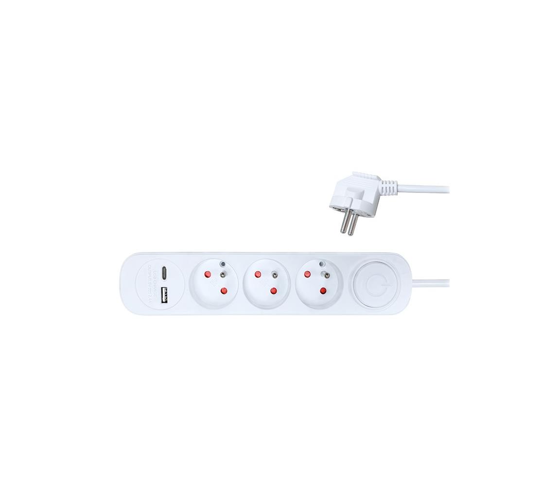 Solight PP111USBC - Przedłużacz z wyłącznikiem 3Z + 2xUSB 2m biały