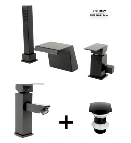 Zestaw Bateria 3 otworowa QATRO + umywalkowa QATRO + korek BLACK