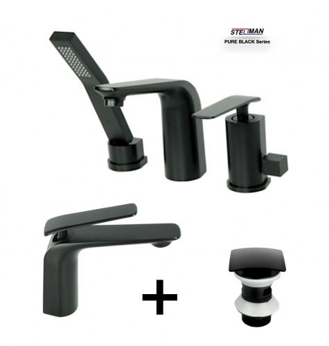 Zestaw Bateria 3 otworowa VERDO + umywalkowa VERDO + korek BLACK