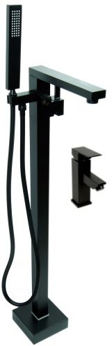 Zestaw Bateria wannowa wolnostojąca LEMOR + Bateria umywalkowa QATRO - BLACK