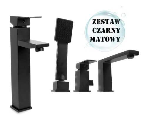 TERZO zestaw Bateria Wannowa 3 Otworowa + umywalkowa nablatowa CZARNA