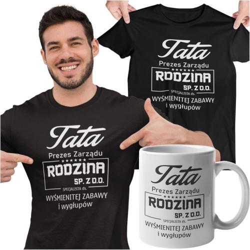 Koszulka dla taty wraz z kubkiem Tata prezes zarządu rodzina sp. z o.o. specjalista ds. wyśmienitej zabawy i wygłupów
