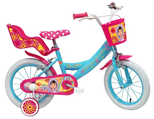 ATLAS Princess des Sables Bike 14'' Princess des Sables z przednim koszem, tylną drzwiczką dla lalek, 2 dziewczęce hamulce i stabilizatory, turkusowy