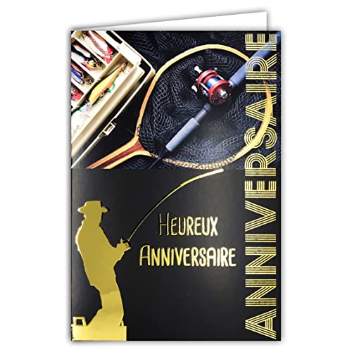 Złota złota kartka urodzinowa dla wędkarza wędki kołowrotek przynęty na ryby zwierzęta natura dostarczana z kopertą rozmiar 12x17,5cm papier PEFC Made in France 65-1209