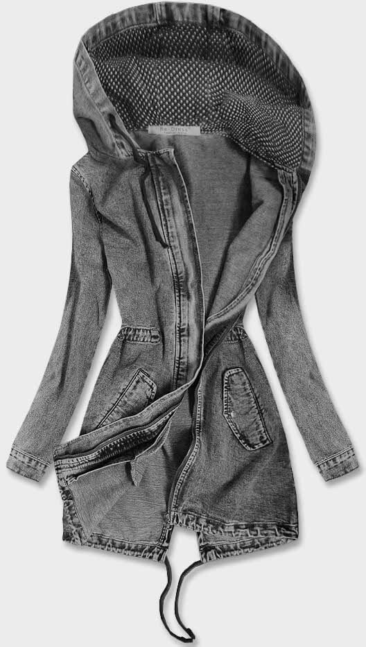 DŁUGA JEANSOWA DAMSKA KURTKA Z KAPTUREM CZARNA (C122-H) - Re-Dress