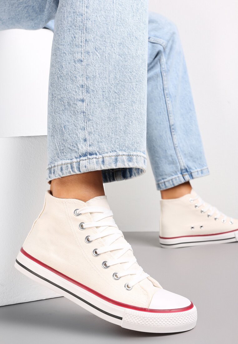 Białe Trampki na Płaskiej Podeszwie z Lamówką Vinys