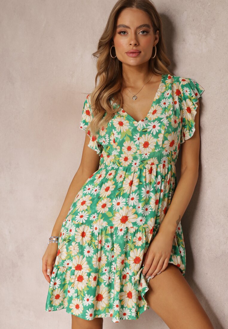 Jasnozielona Taliowana Sukienka Mini w Kwiaty z Gumką w Talii Teziovi