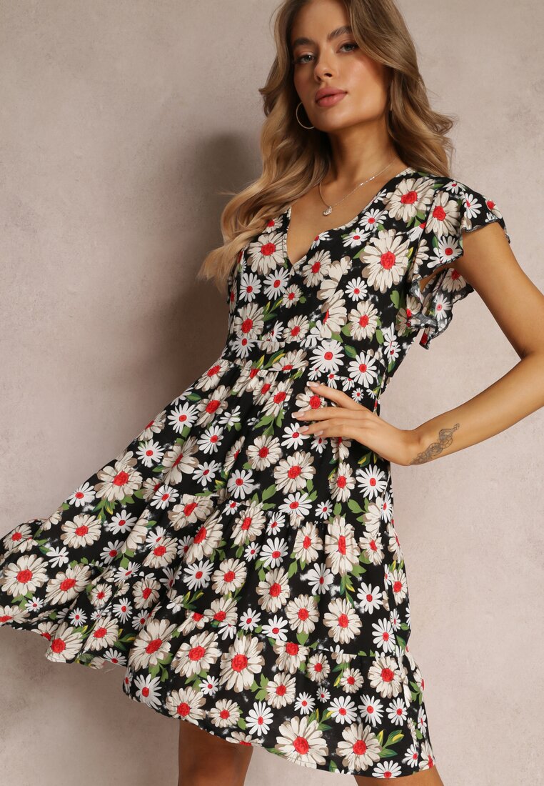 Czarna Taliowana Sukienka Mini w Kwiaty z Gumką w Talii Teziovi