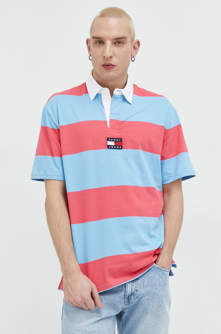 Tommy Jeans polo bawełniane kolor różowy wzorzysty